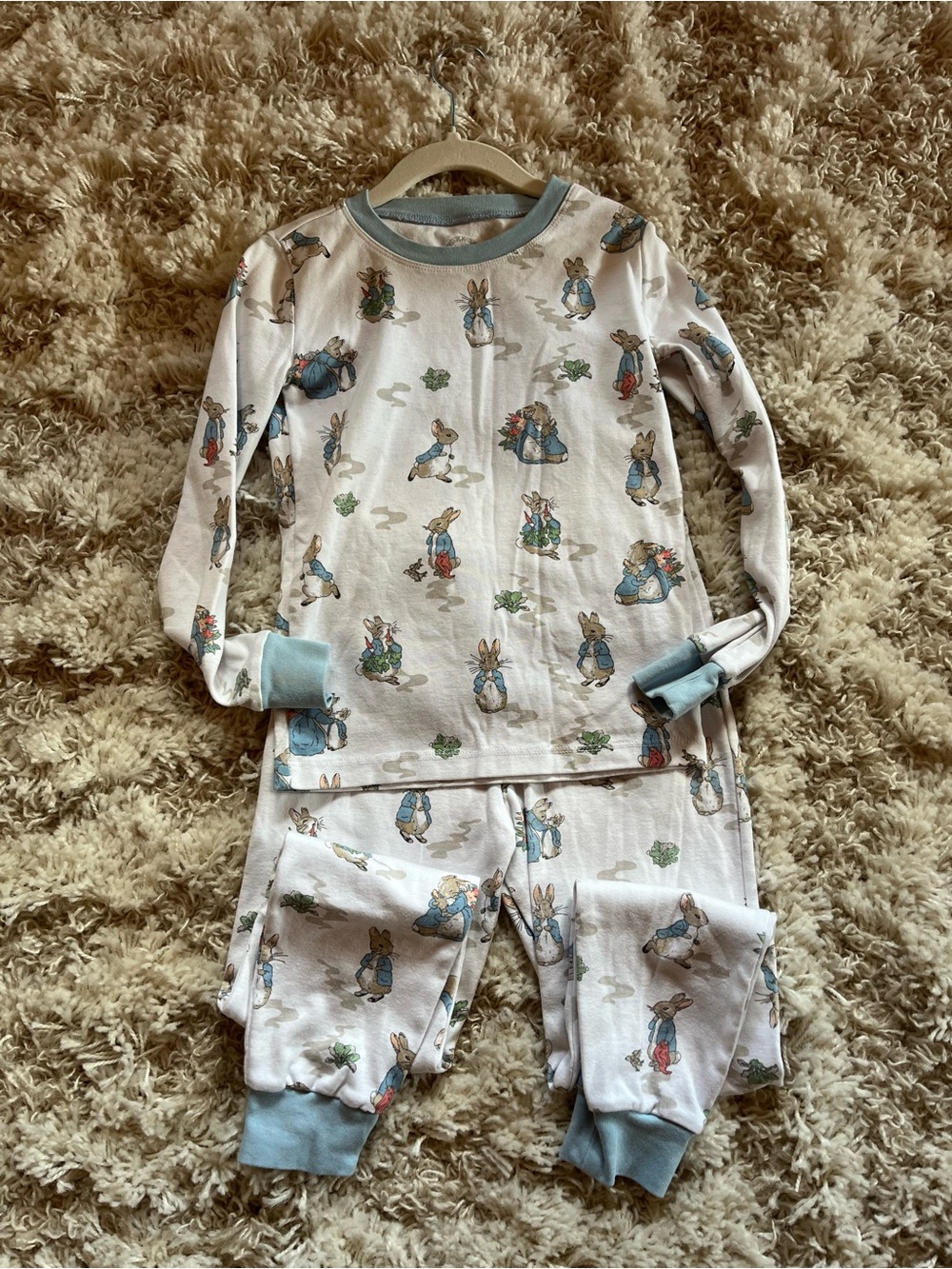 Pottery Barn Kids White Pajama Set with Light Blue Trim and Bunny Printing